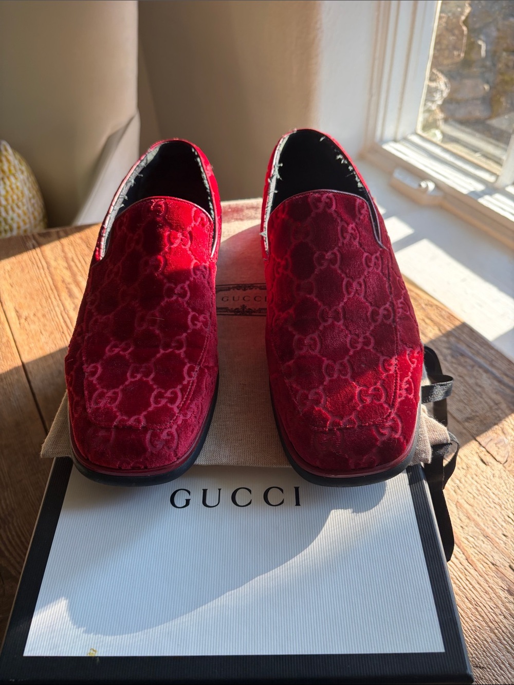 Gucci Unisex Red Velvet GG Slip-On Loafers